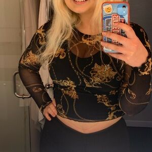 Black and Gold completely sheer Long Sleeve Top chain design